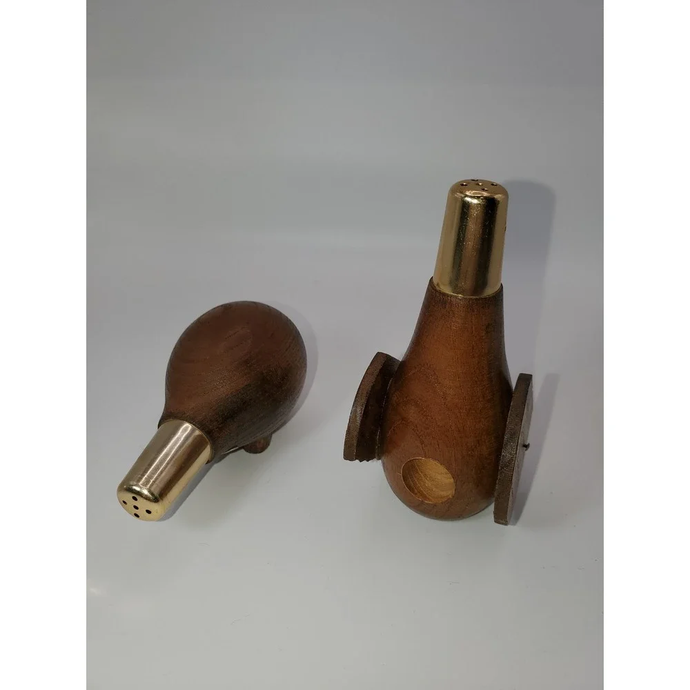 Vintage Mid Century Modern Wood Dachshund Salt and Pepper Shaker Set Brown Gold